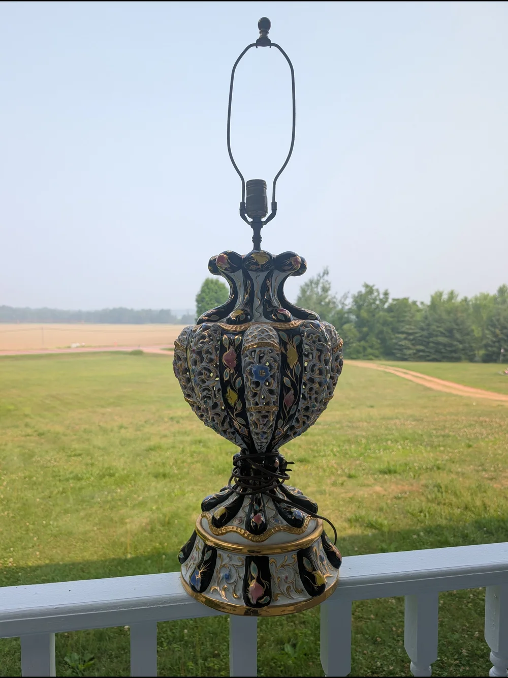 Decorative Black Floral Italian Porcelain Lamp with Gold Accents